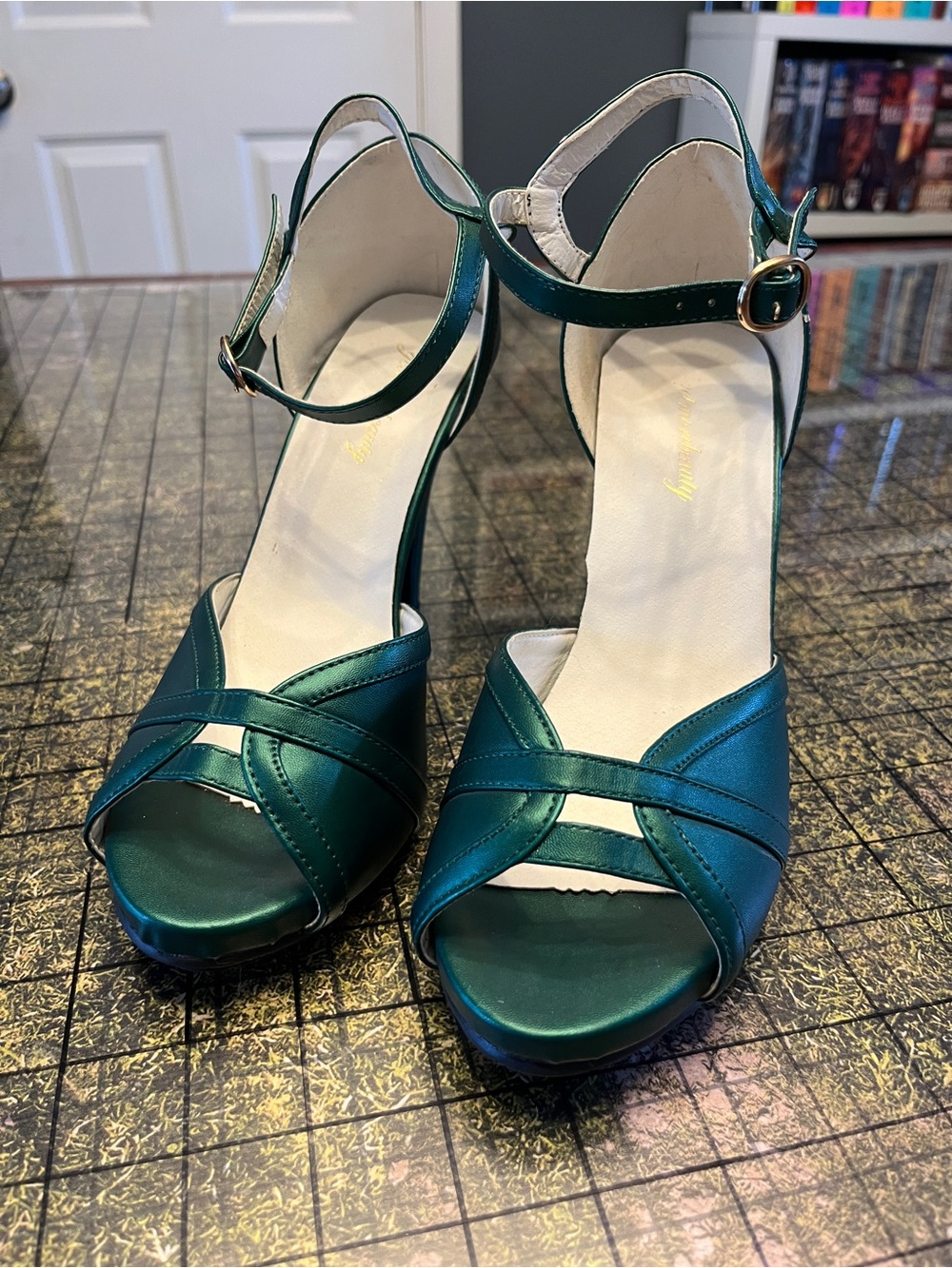 Getmorebeauty Emerald Peep-Toe Ankle Strap Heels